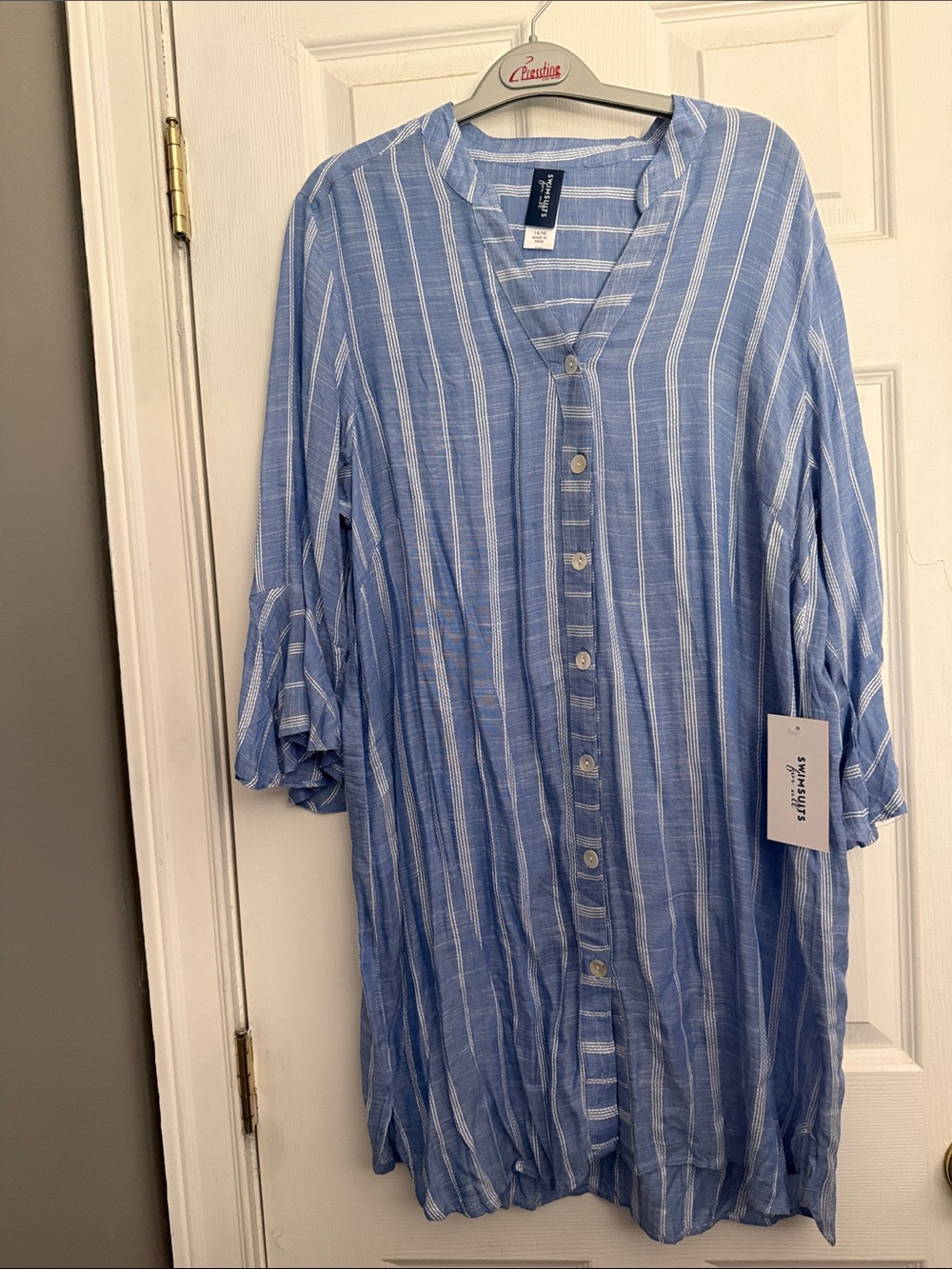 Swimsuits For All Blue and White Striped Button-Front Swim Coverup